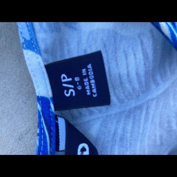 Land’s End  navy bright blue white abstract palm print Cotton midi dress SP - Picture 11 of 12